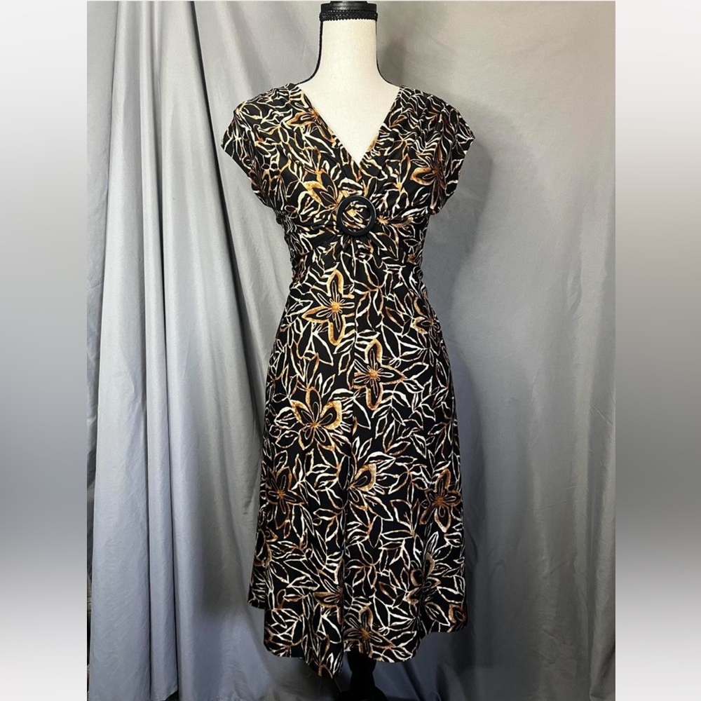 Chaps Black and Gold Floral Midi Dress